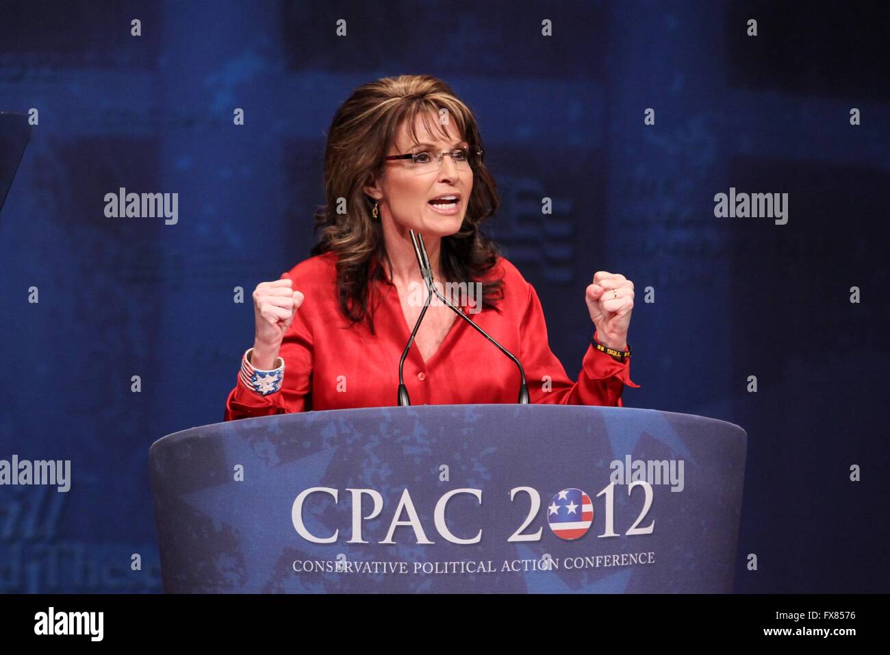 Former Alaskan Gov. Sarah Palin addresses the annual American Conservative Union CPAC conference February 11, 2012 in Washington, DC.. Stock Photo