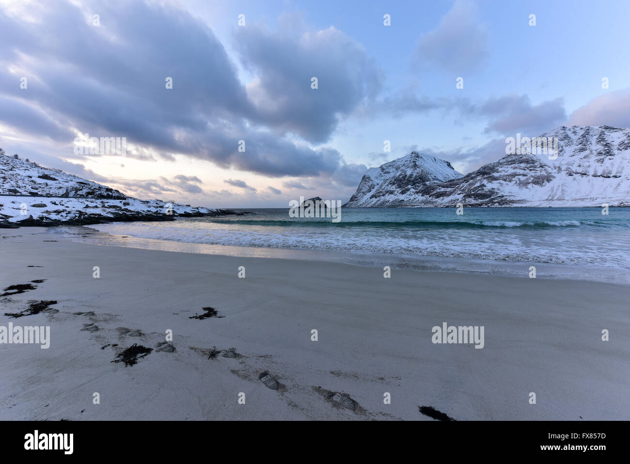 Haukland Beach in the Lofoten Islands, Norway in the winter at dusk ...