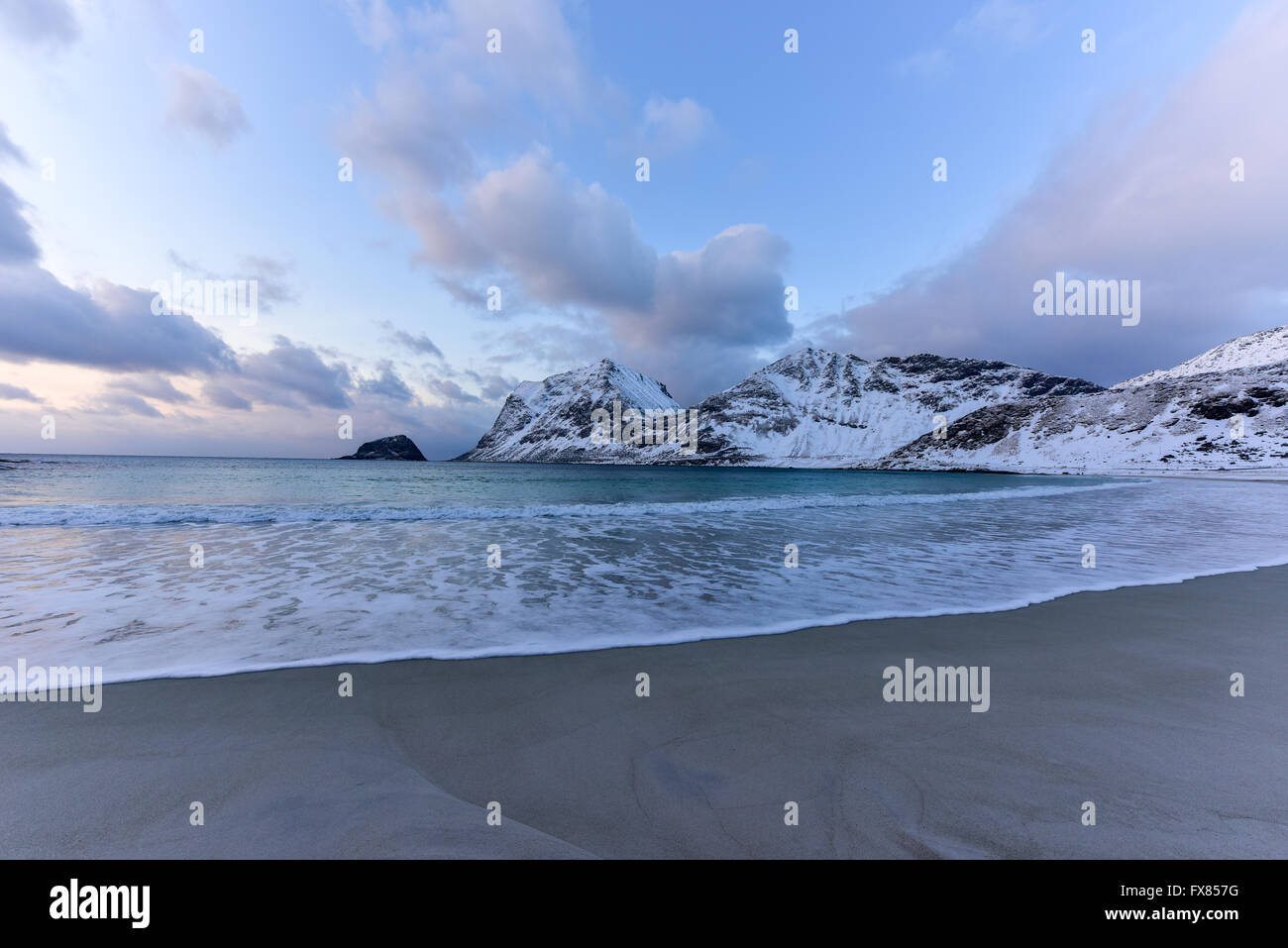 Haukland Beach in the Lofoten Islands, Norway in the winter at dusk ...
