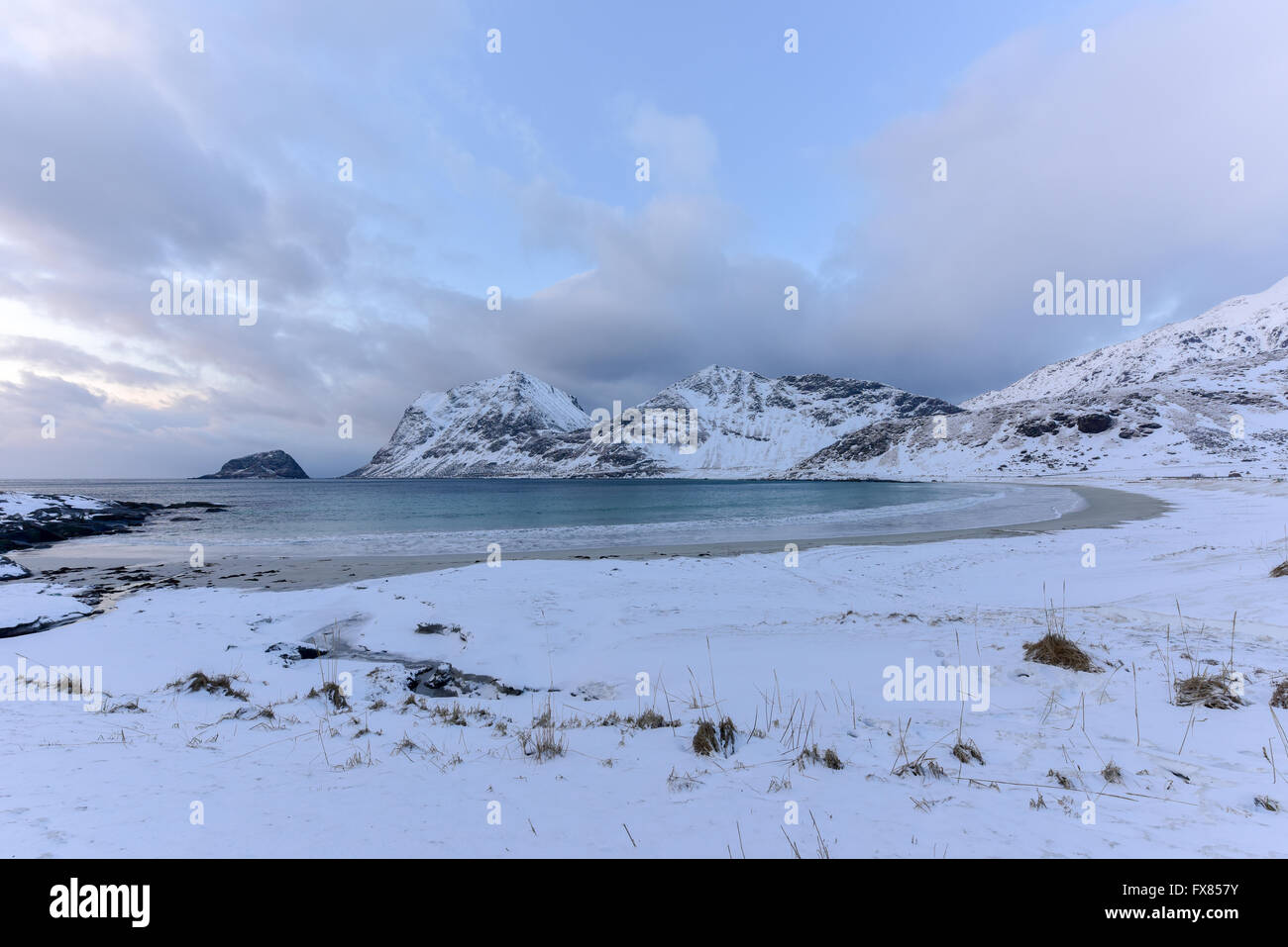 Haukland Beach in the Lofoten Islands, Norway in the winter at dusk ...