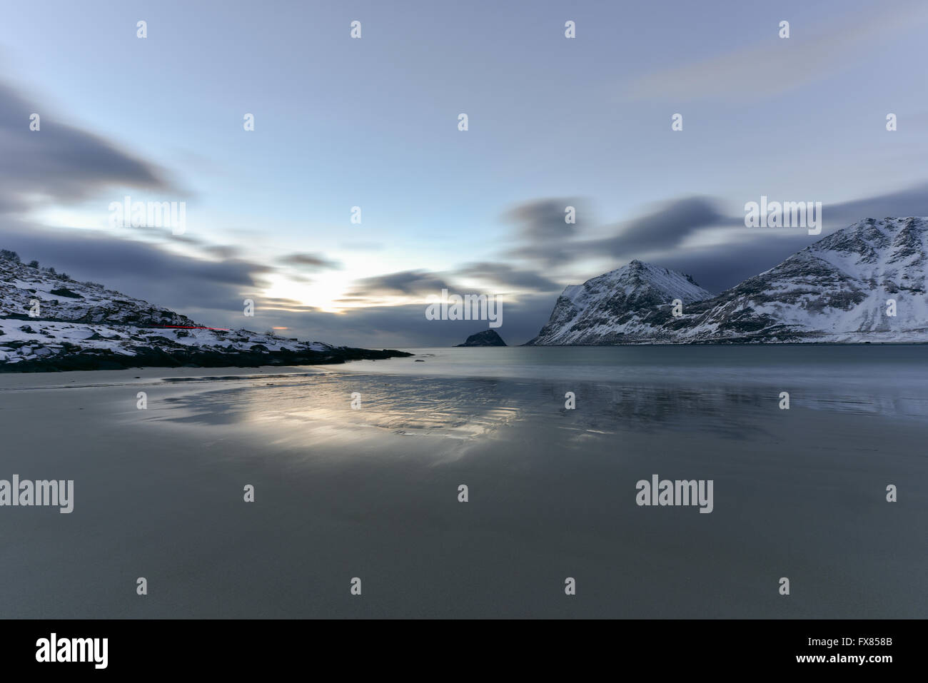 Haukland Beach in the Lofoten Islands, Norway in the winter at dusk ...