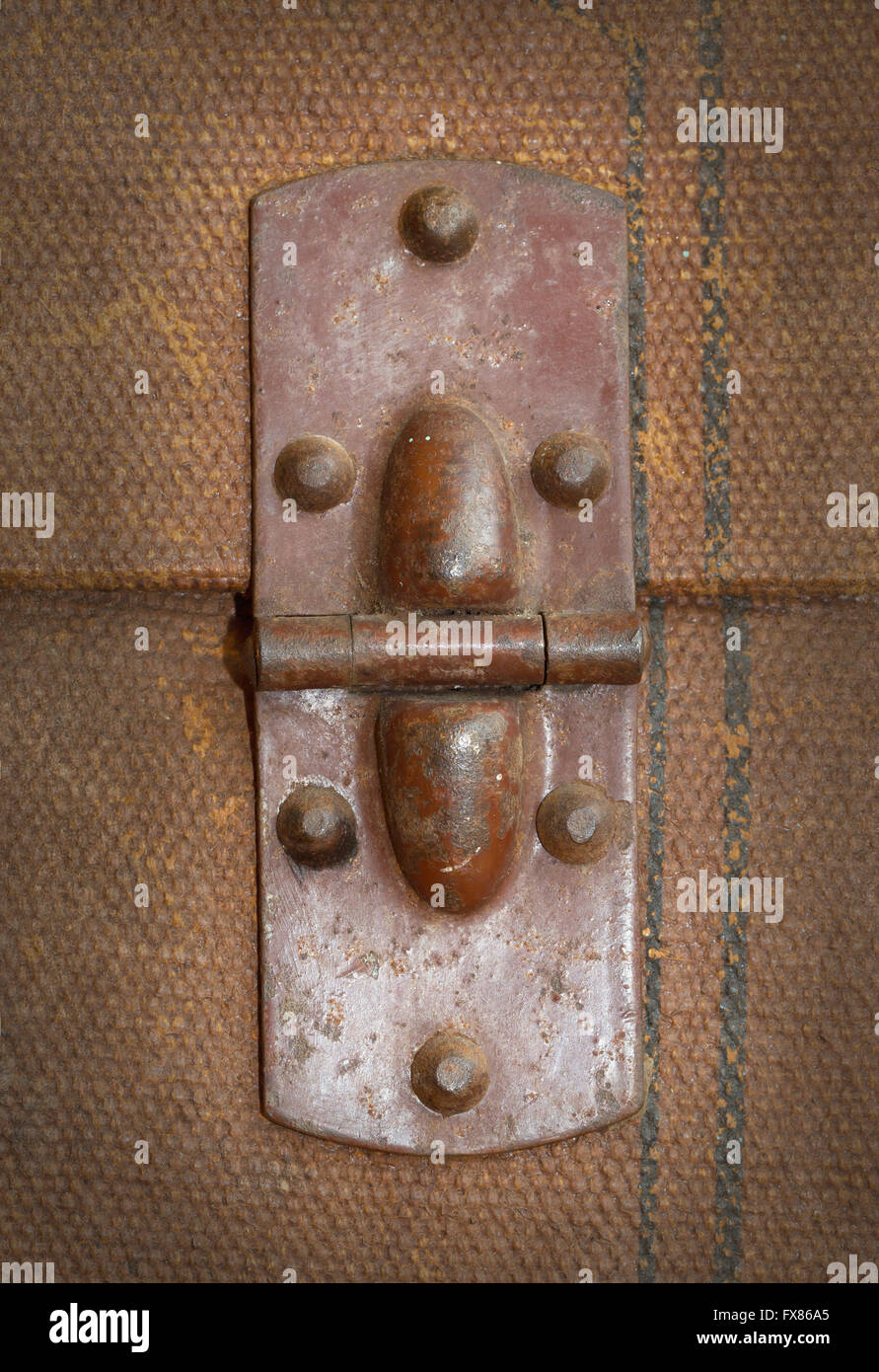 Old canvas trunk hinge close up, vintage Stock Photo
