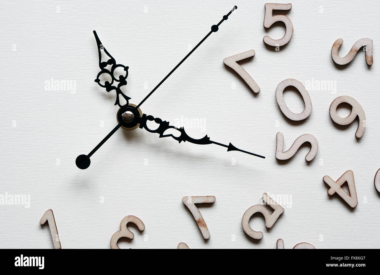 Time concept. Minute and second hands near set of wooden digits Stock Photo