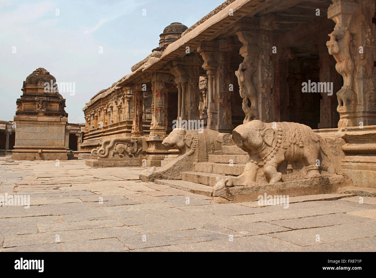 Impressive carvings of elephant balustrades at the south entrance to the maha-mandapa, the ardha-mandapa and a shrine, Krishna T Stock Photo