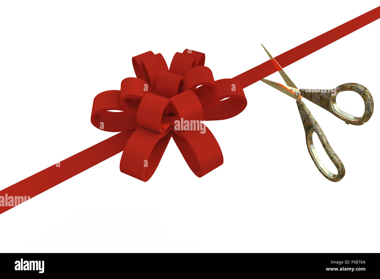 Grand opening. Top view of gold scissors cutting red ribbon on wite  background. Stock Illustration by ©vetre #274157802