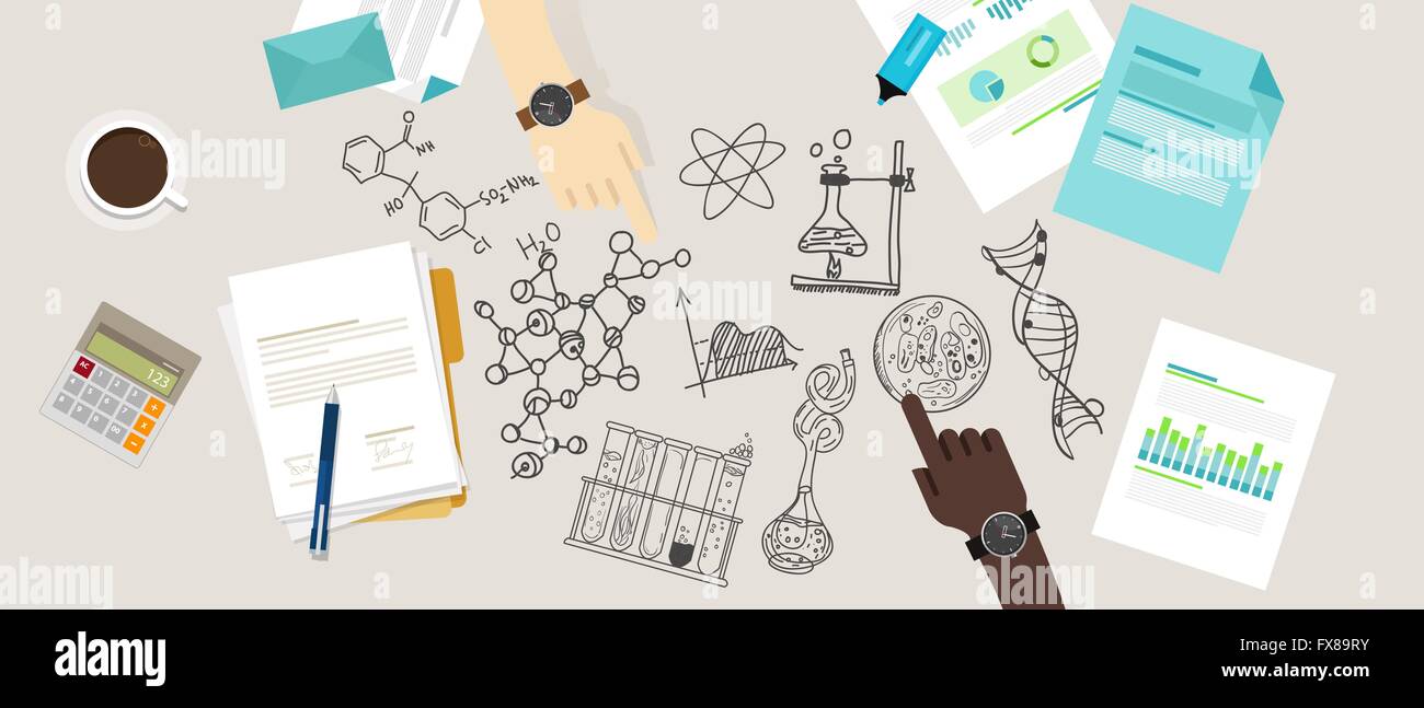 science icon biology lab sketch drawing illustration chemistry laboratory desk research collaborate team work Stock Vector