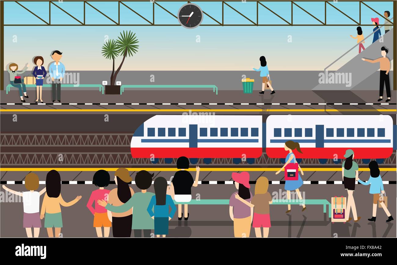 train station busy illustration vector flat city transportation cartoon activities Stock Vector