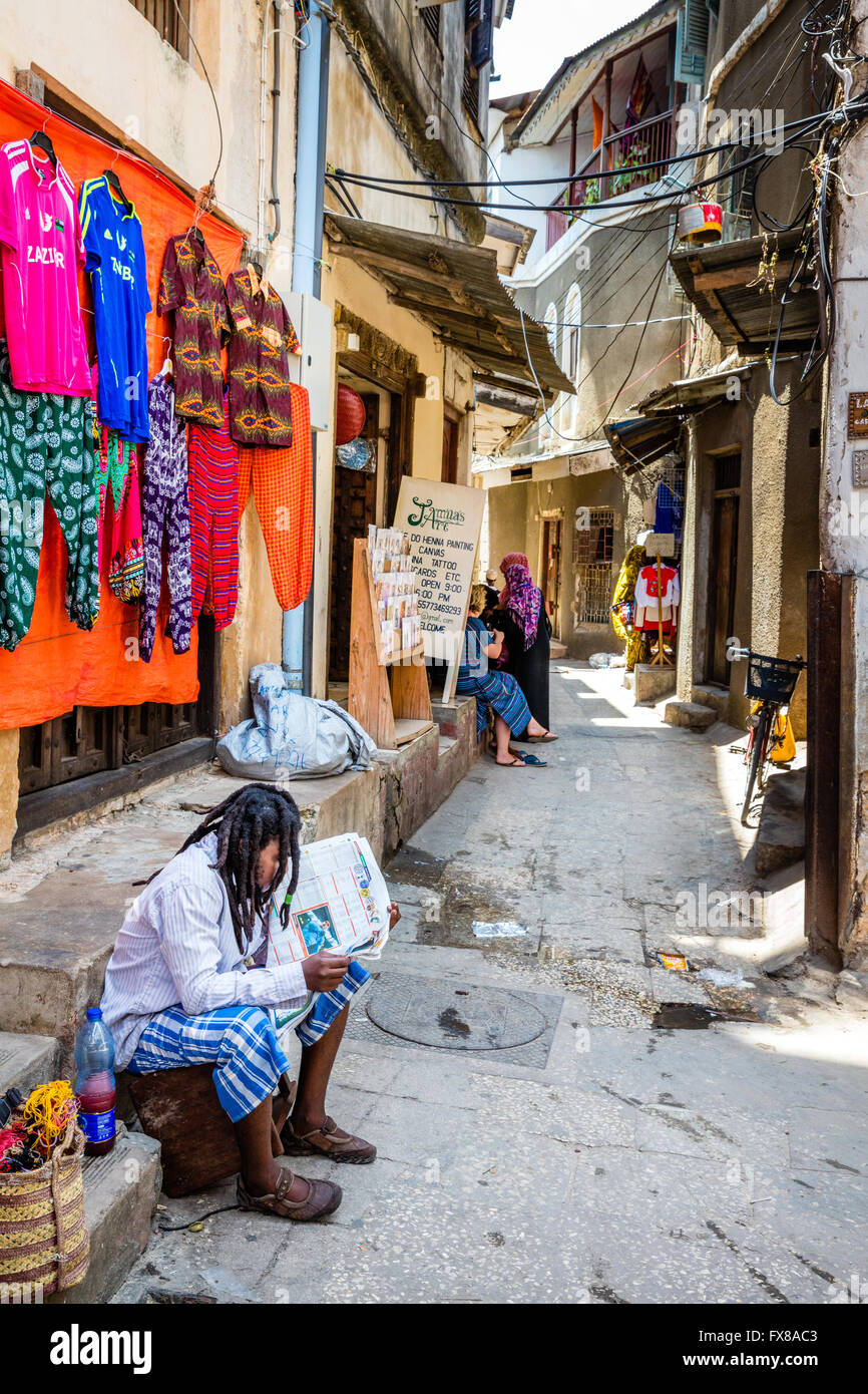Narrow shopping street in Stone Town Zanzibar East Africa Stock Photo