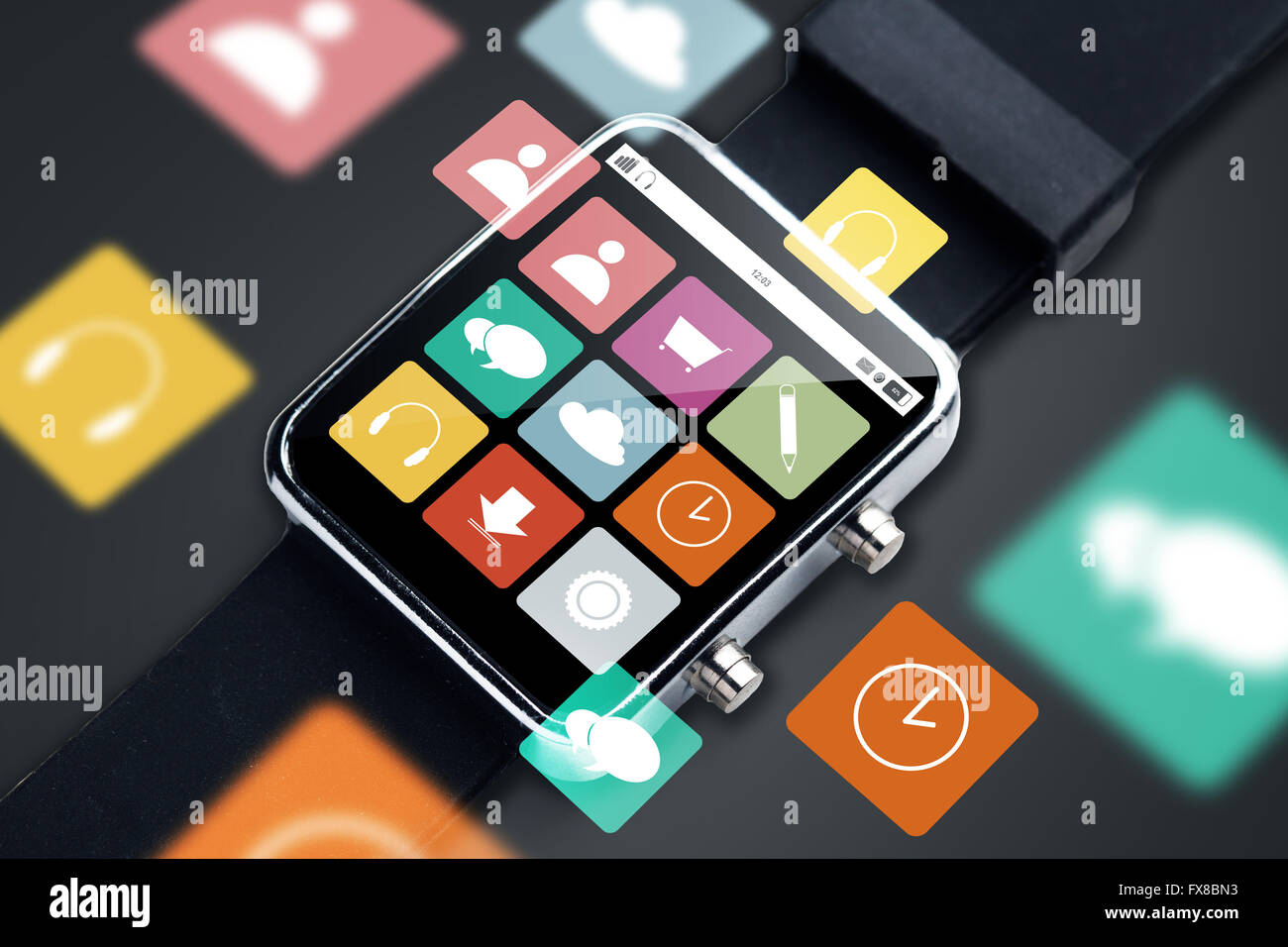 close up of smart watch with menu icons on screen Stock Photo - Alamy