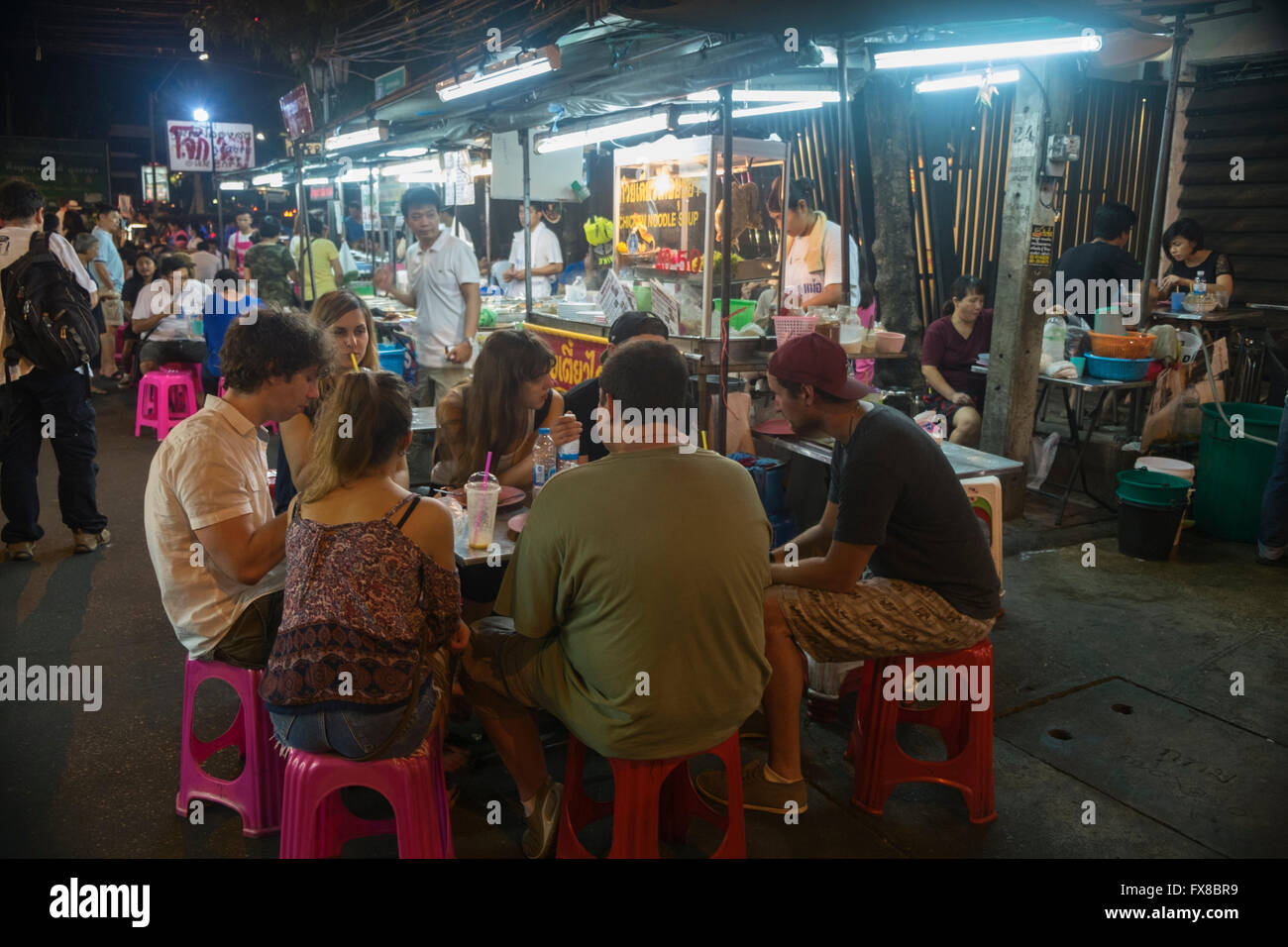 People eating at food stalls Banglamphu Bangkok Thailand Stock Photo