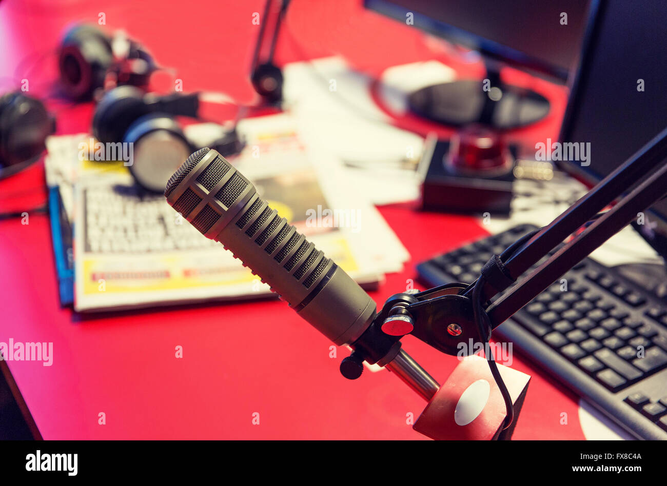 microphone at recording studio or radio station Stock Photo