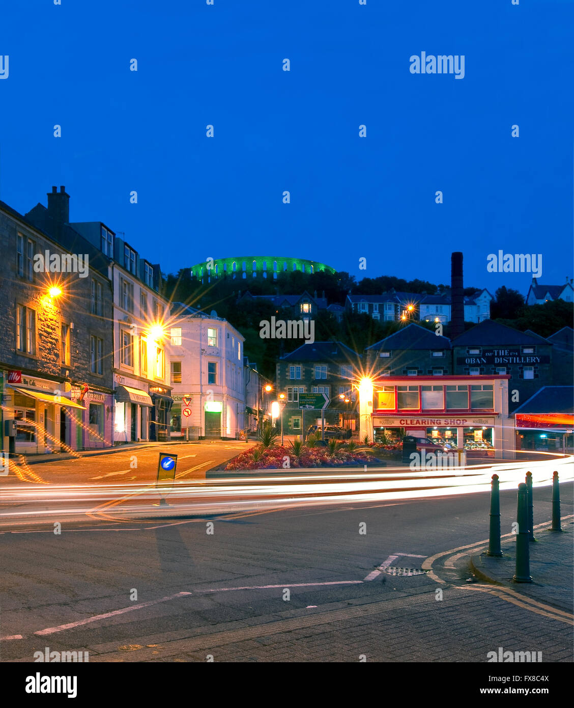 Oban at night with McCaigs Tower in view, Oban, Argyll Stock Photo