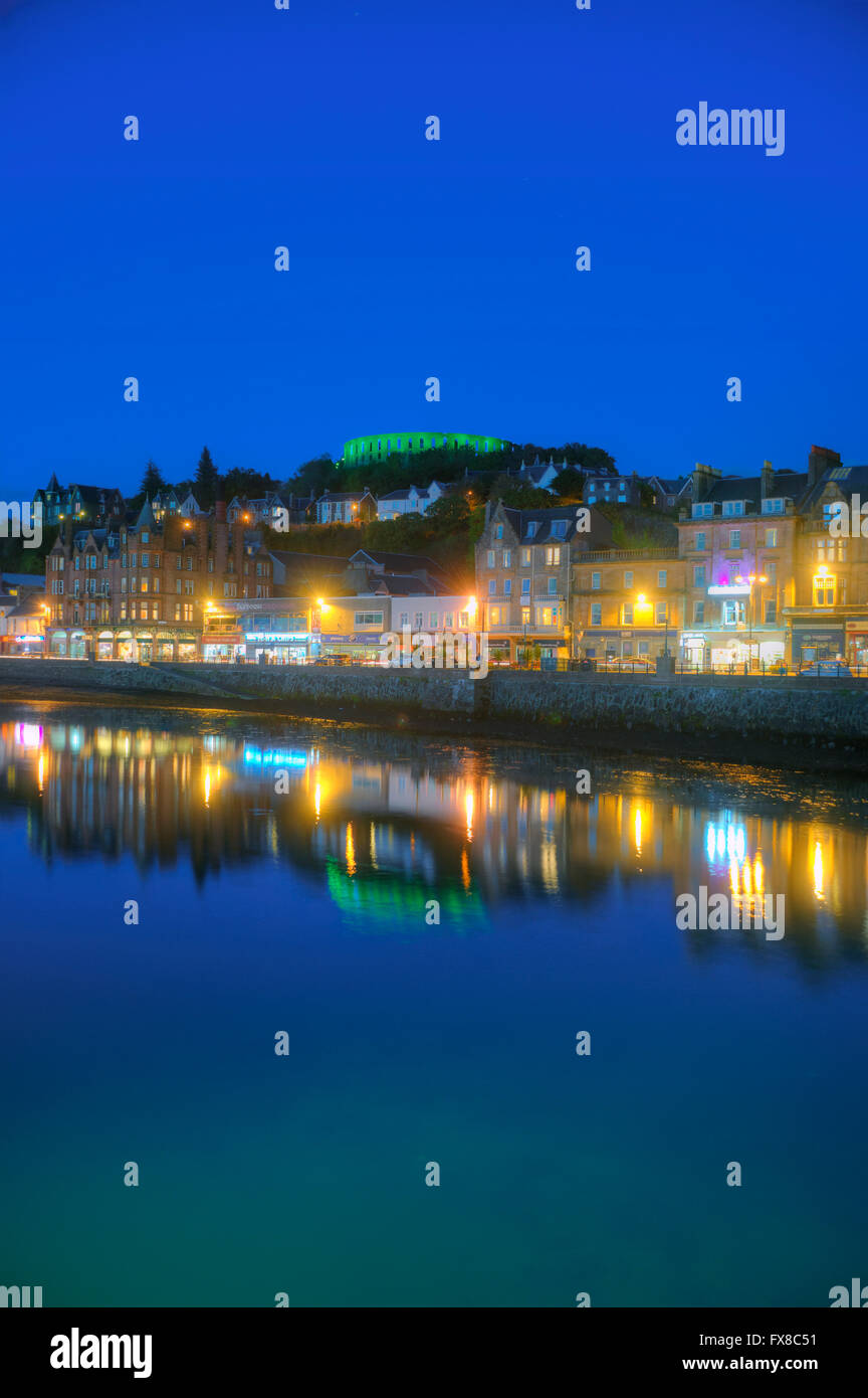 Oban at dusk with McCaigs Tower in view, Oban, Argyll Stock Photo