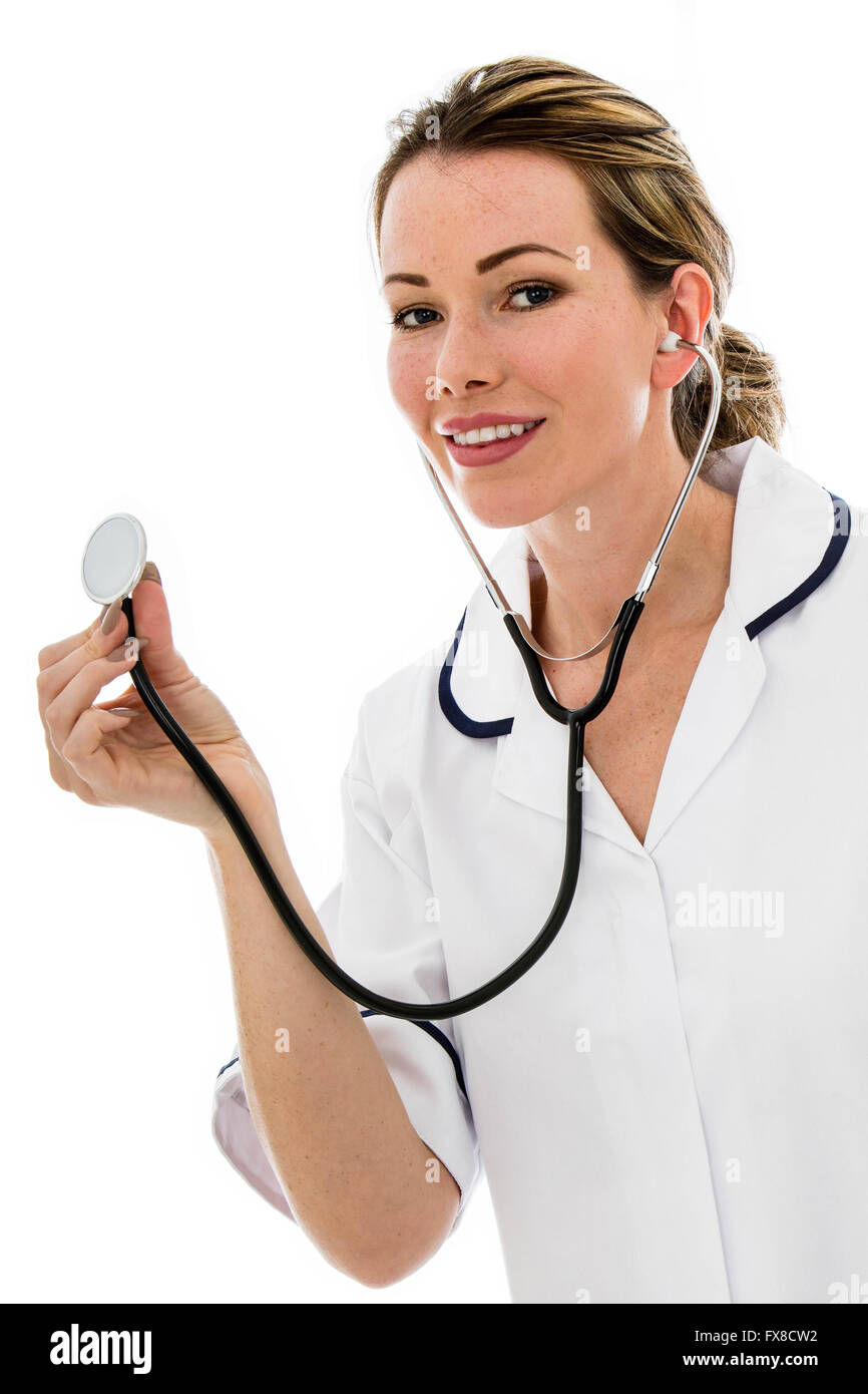 Happy Smiling Female Doctor With A Stethoscope Isolated Against A White Background Stock Photo