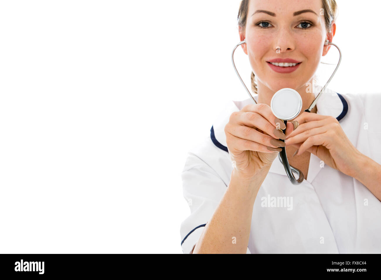 Happy Smiling Female Doctor With A Stethoscope Isolated Against A White Background Stock Photo