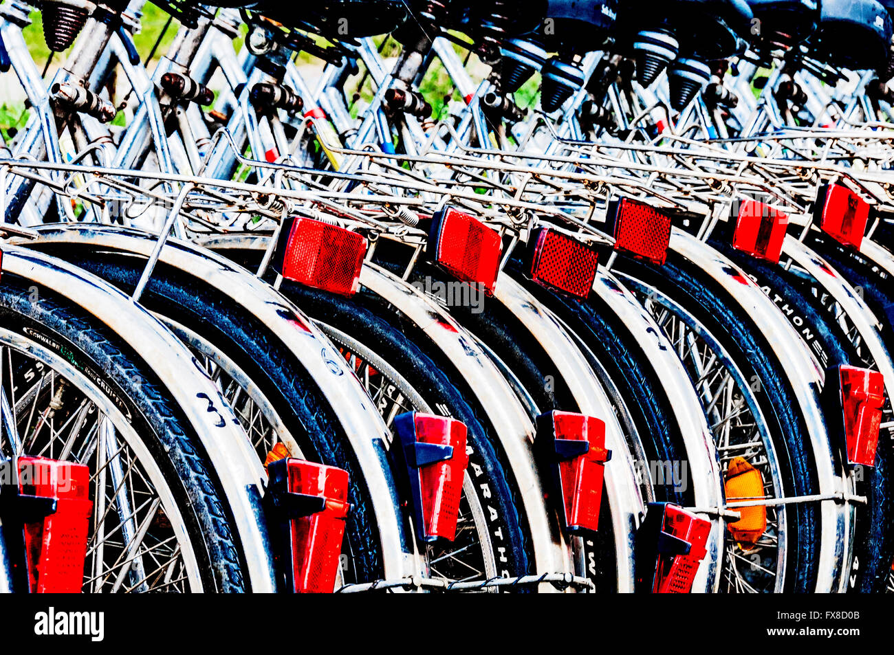 Bikes for rent in a tourist destination; Leihfahrräder in einem Ferienort Stock Photo