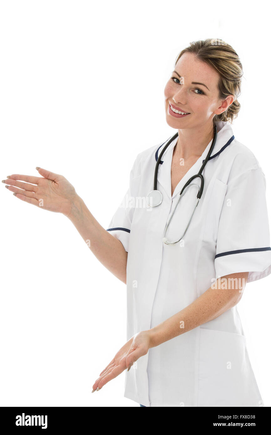 Female Doctor With A Stethoscope Explaining Situation Isolated Against A White Background Stock Photo