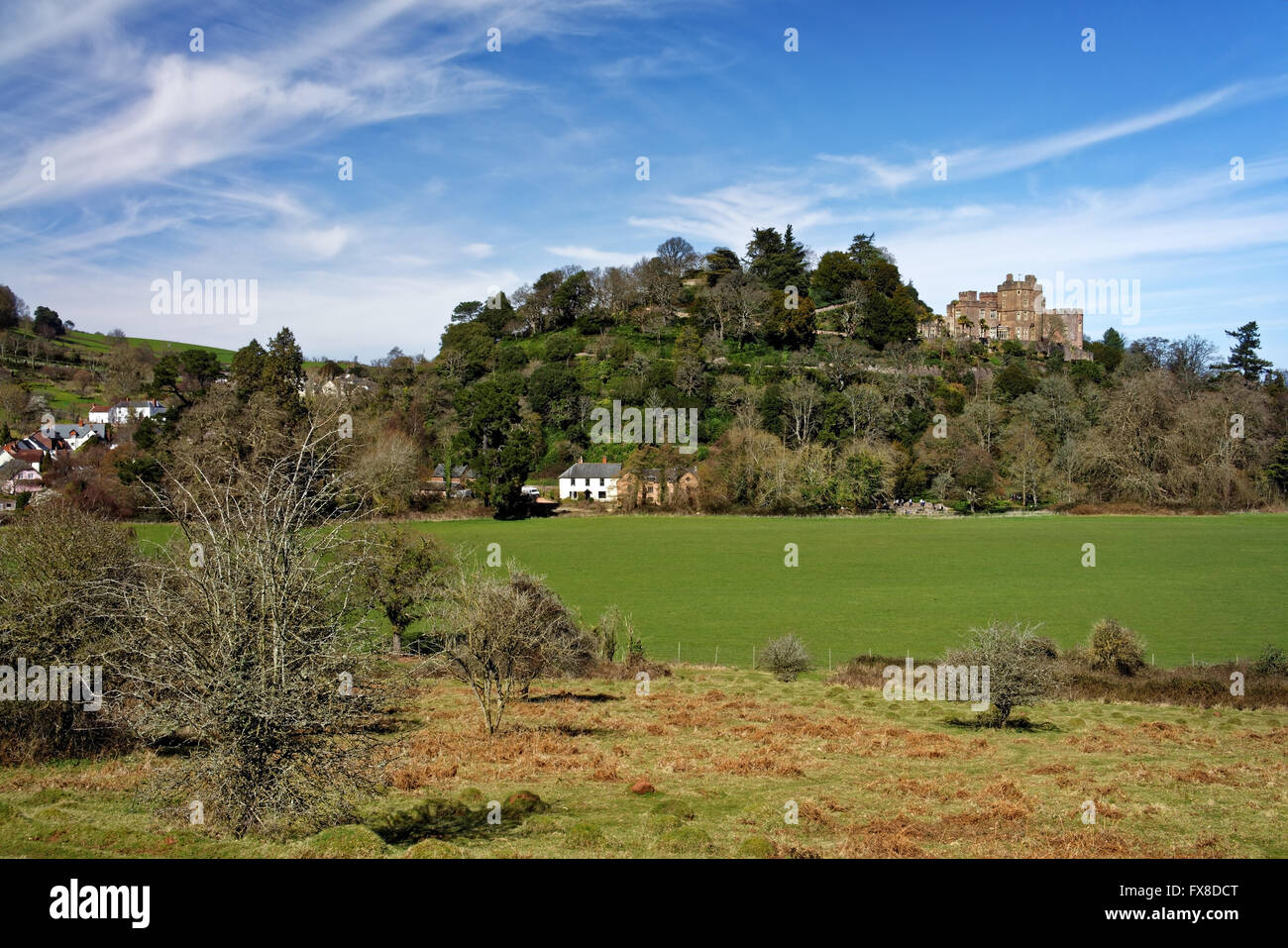 UK,Somerset,Dunster, View of Dunster Castle from nearby countryside