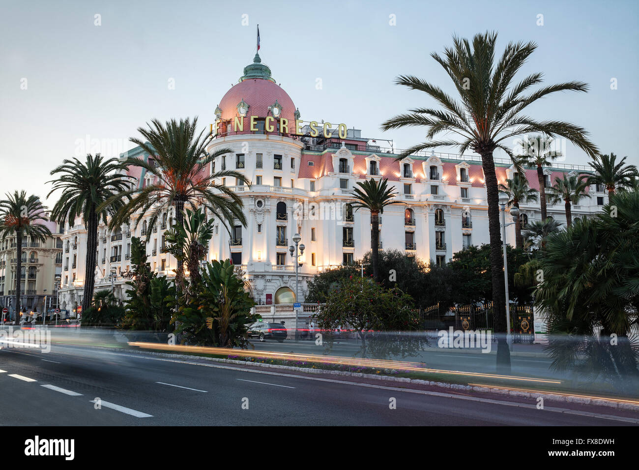 Negresco Hotel, Nice, Cote D'Azur, France - Evening landscape Stock Photo