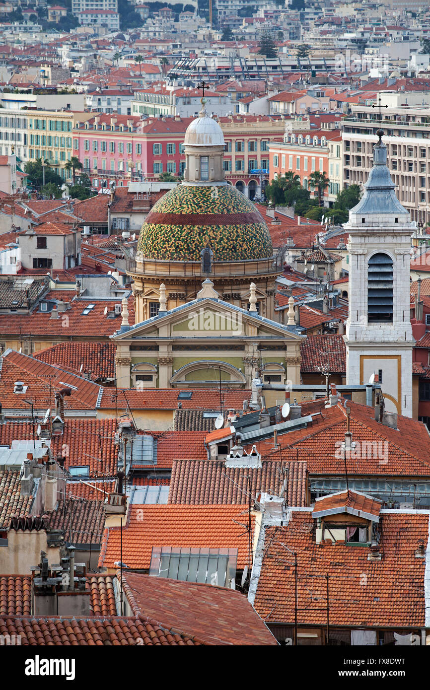 Nice Old Town from above showing  rooftops and Cathedral Sainte Reparate, France Stock Photo