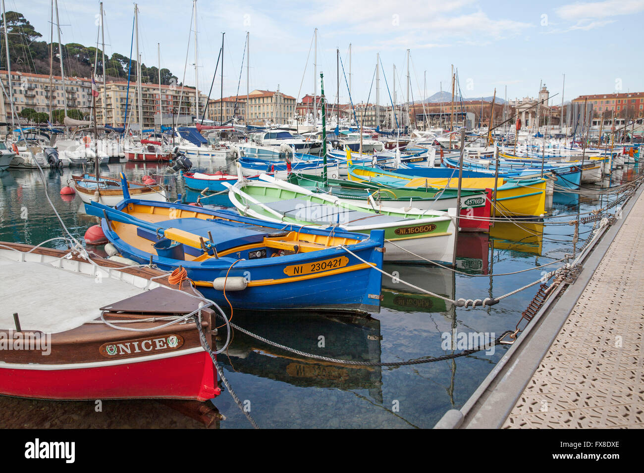 Nice Harbour - Showing small fishing boats in the harbour - Cote D Azure - France Stock Photo
