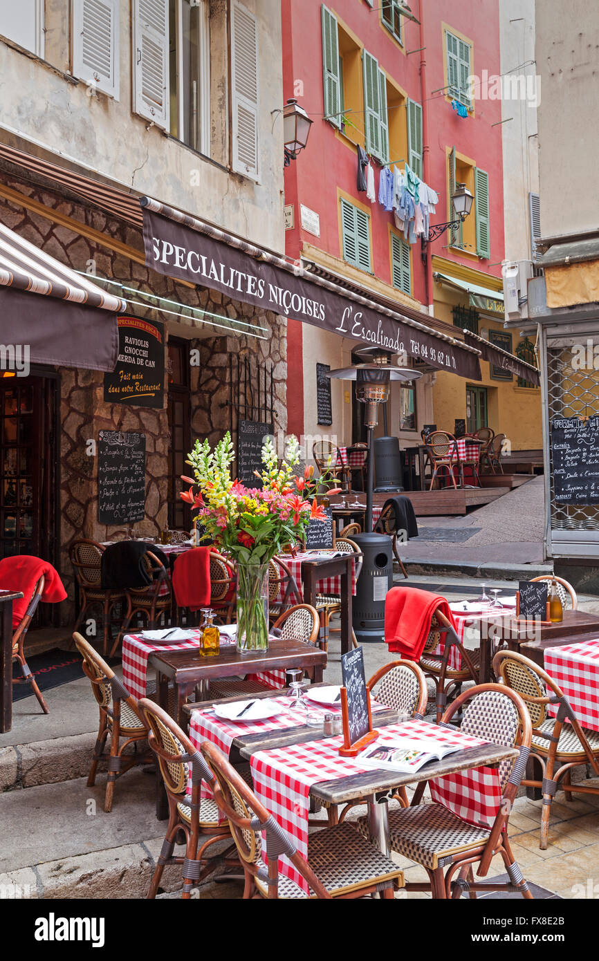 Nice Old town, Vieille Ville Showing cafe tables and chairs in the street Cote d