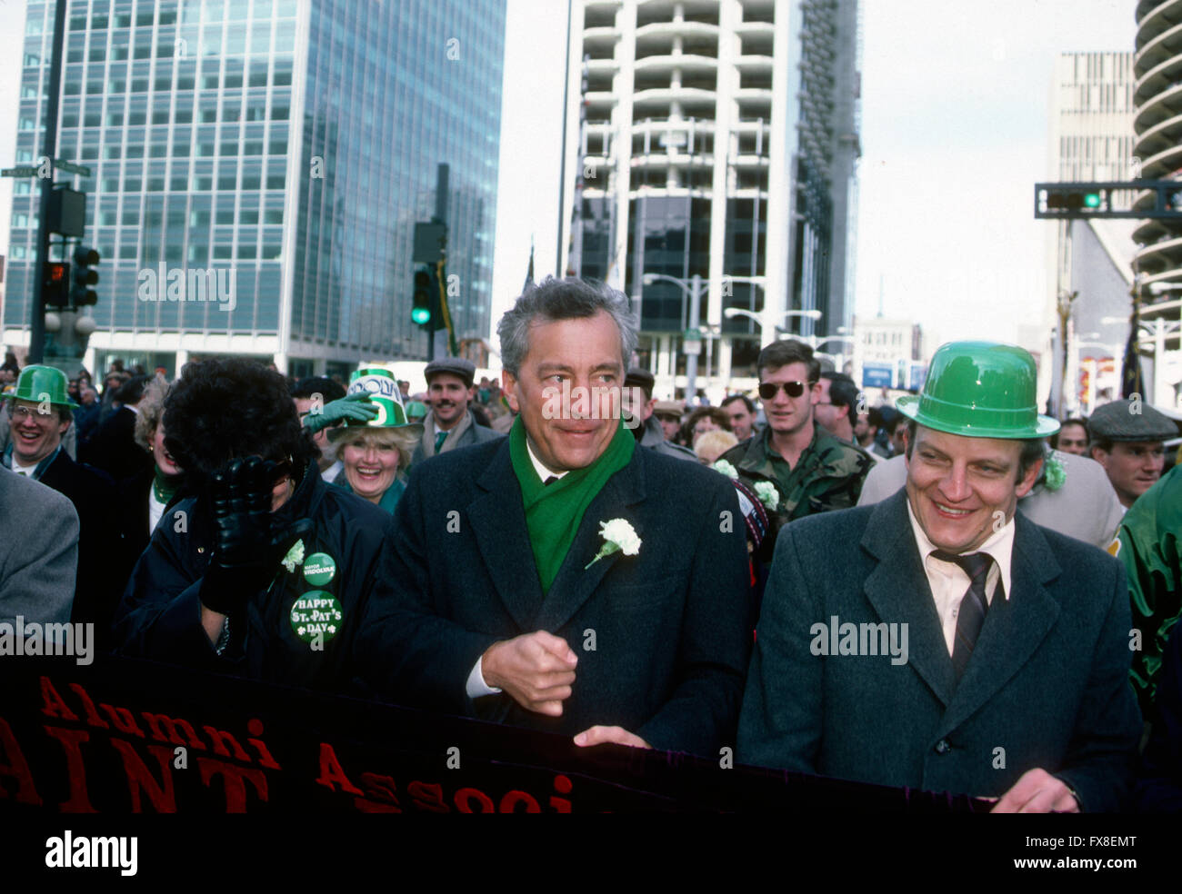 Chicago, Illinois, USA, 17th March, 1987 10th Ward councilman Edward Vrdolyak marches in the annual St. Patrick's Day parade in downtown Chicago. A crowd of over 60,000 people  lined the streets of the downtown Loop area of the WIndy City to watch the annual parade.  Credit: Mark Reinstein Stock Photo