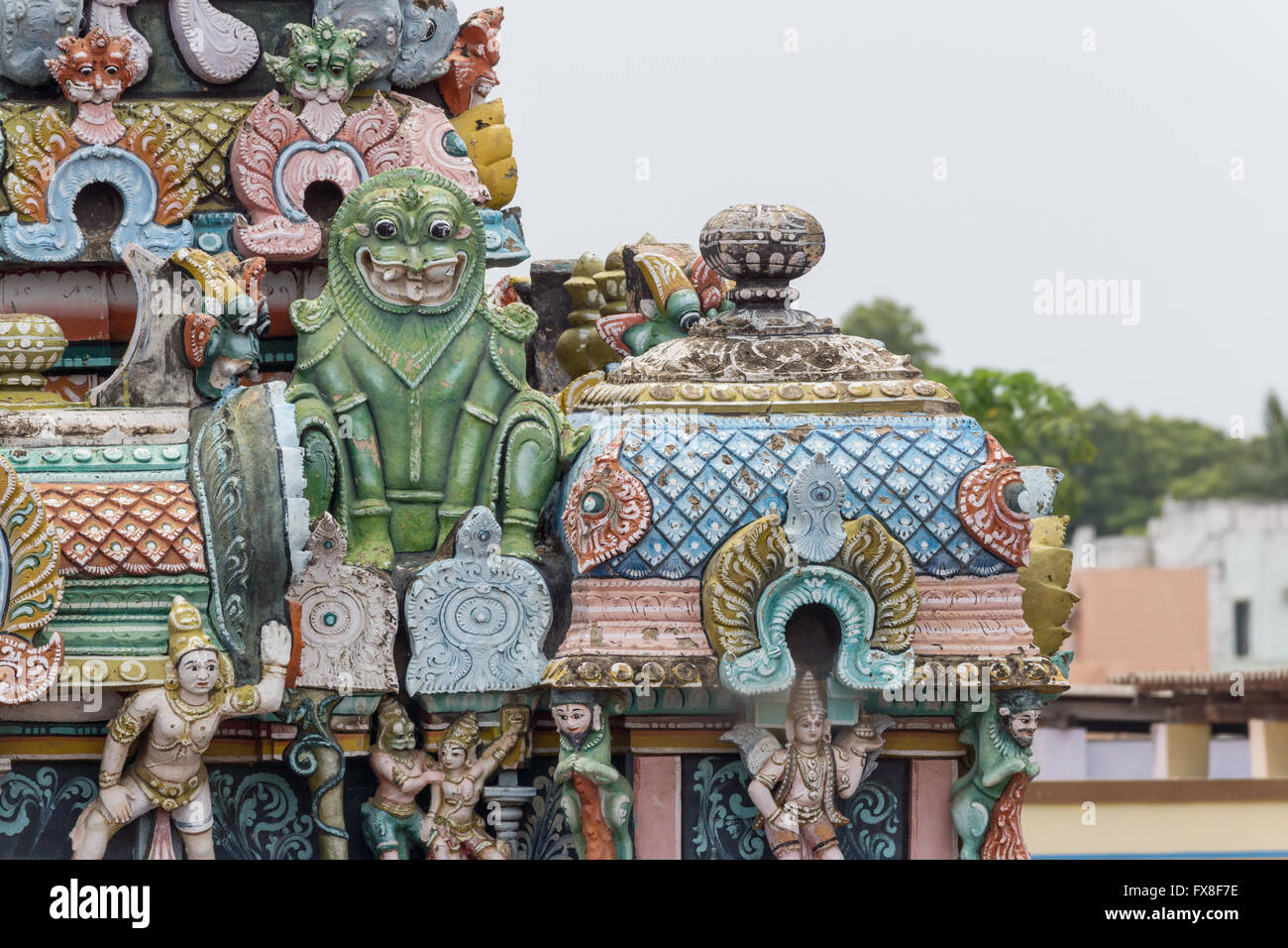 Green monster features on Gopuram at Shrirangam. Stock Photo