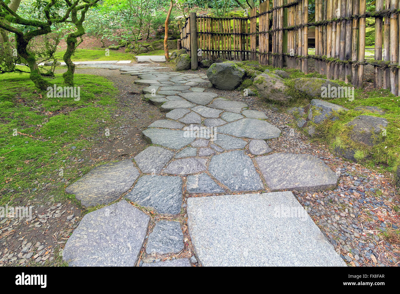 Stone Path Walkway with Bamboo Fence at Japanese Garden Stock Photo