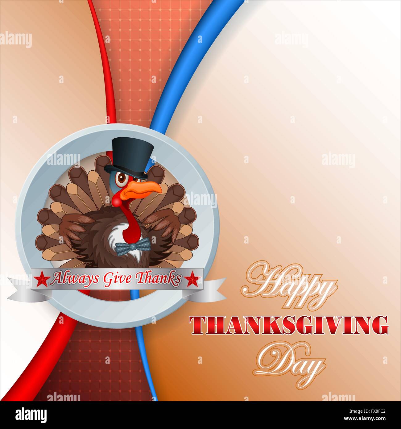 Happy Thanksgiving design with cartoon turkey very proud of his appearance, wearing a top hat and bow tie Stock Vector
