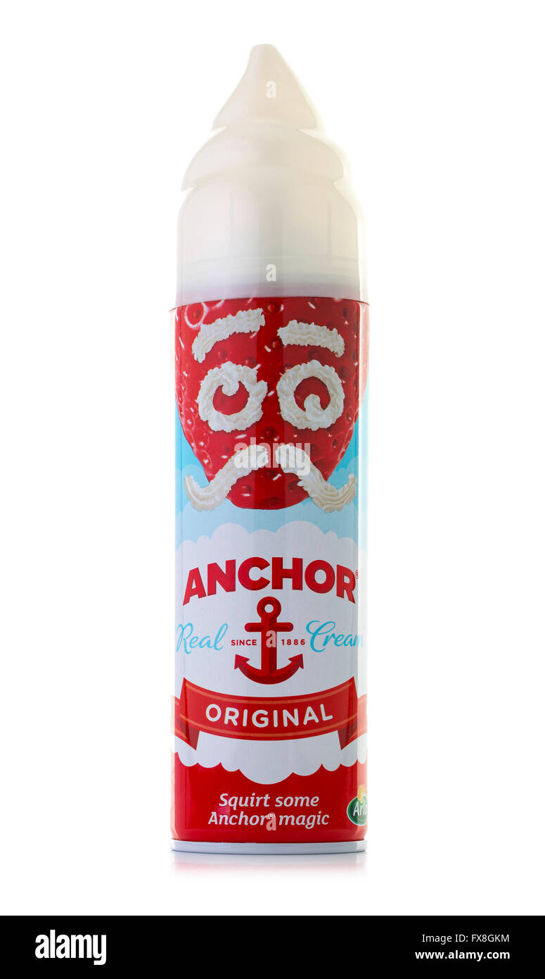 Anchor Real Cream aerosol on a white background Stock Photo