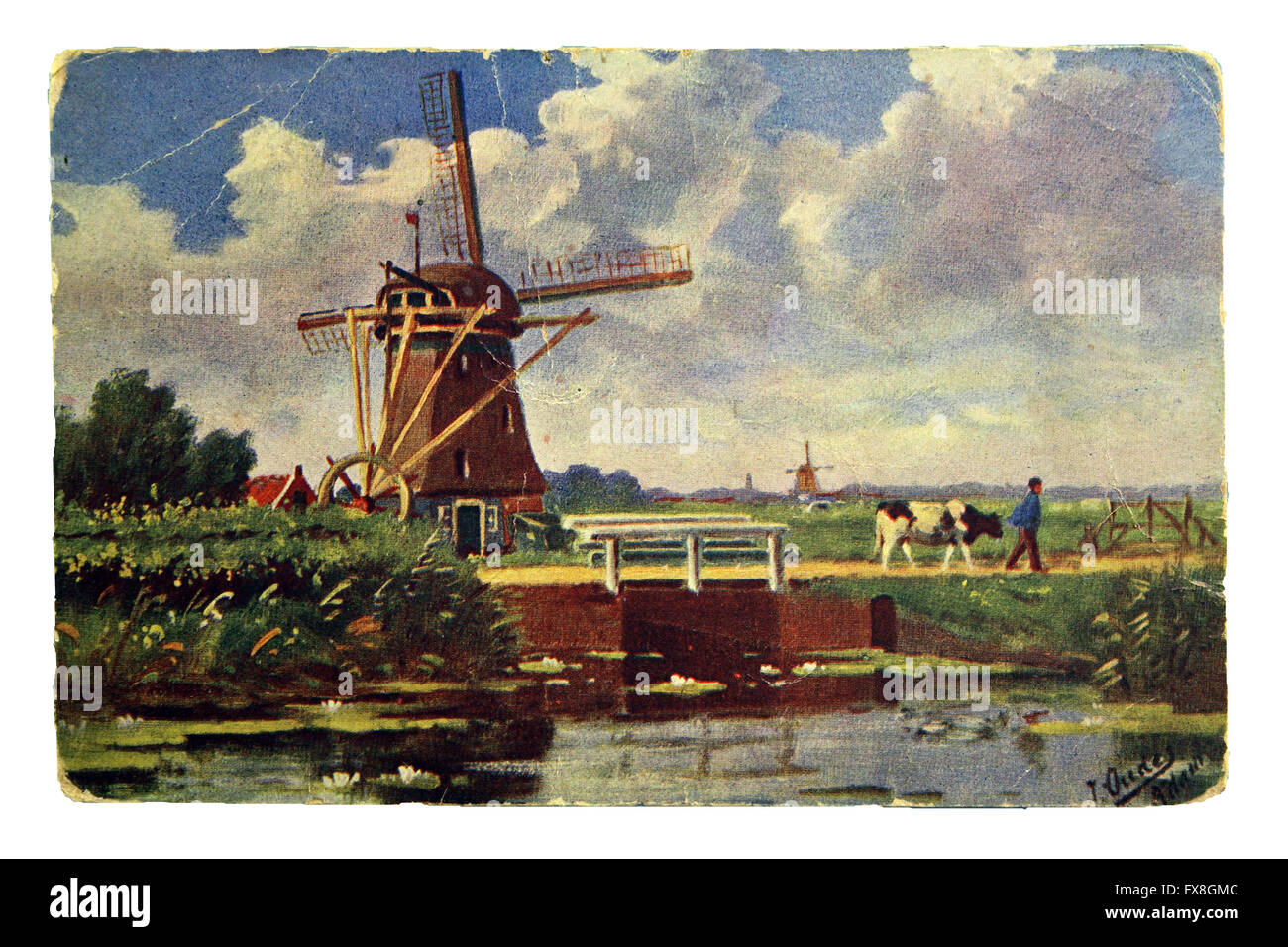 GERMANY - CIRCA 1911: Postcard printed in the Germany shows Landscape with windmills Stock Photo