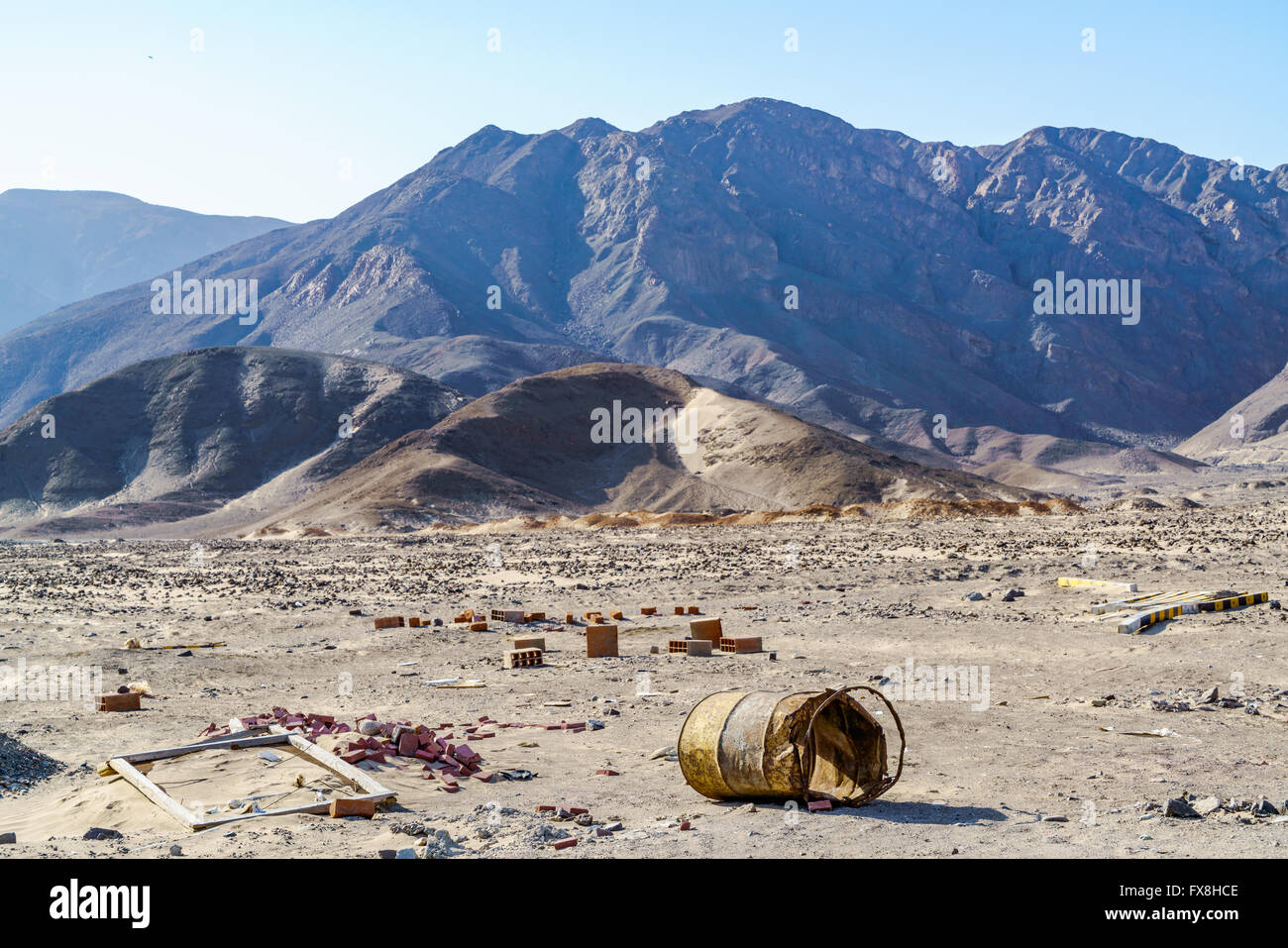 View of mountain and desert at Nazca Air Field in Peru Stock Photo