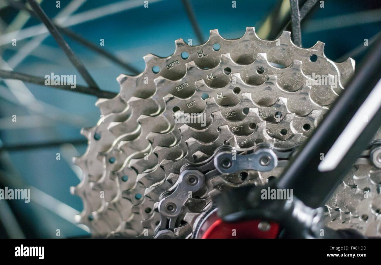 Road bike rear derailleur gears closeup Stock Photo