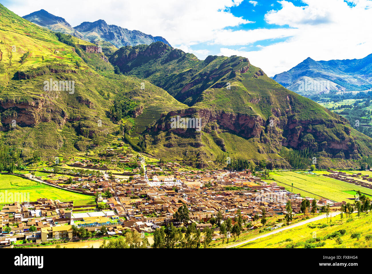 View of Pisac village and the Willkanuta River at the Sacred Valley of the Incas in Peru Stock Photo