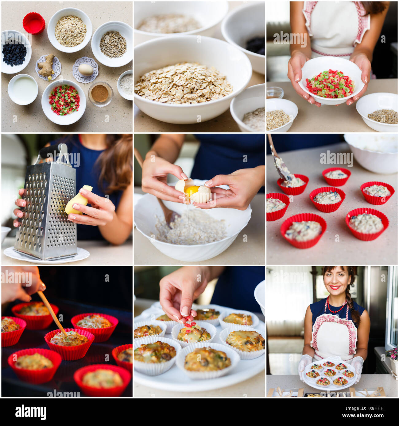 Collage of recipe cooking vegetarian diet cupcakes in the kitchen Stock ...