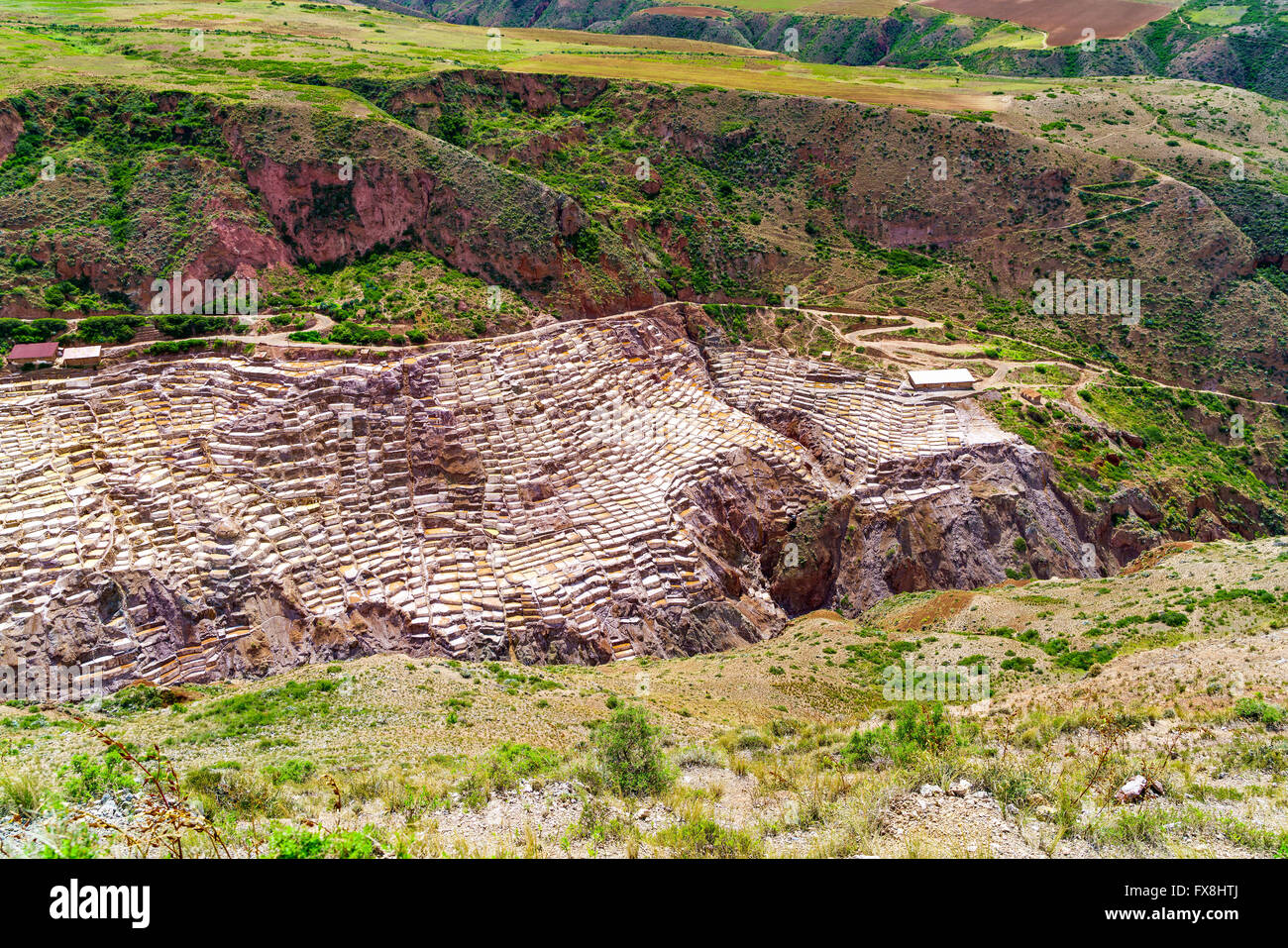 Salt Evaporation Ponds at Maras Village in Peru Stock Photo