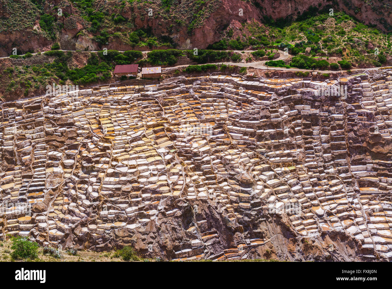 Salt Evaporation ponds at Maras Village in Peru Stock Photo