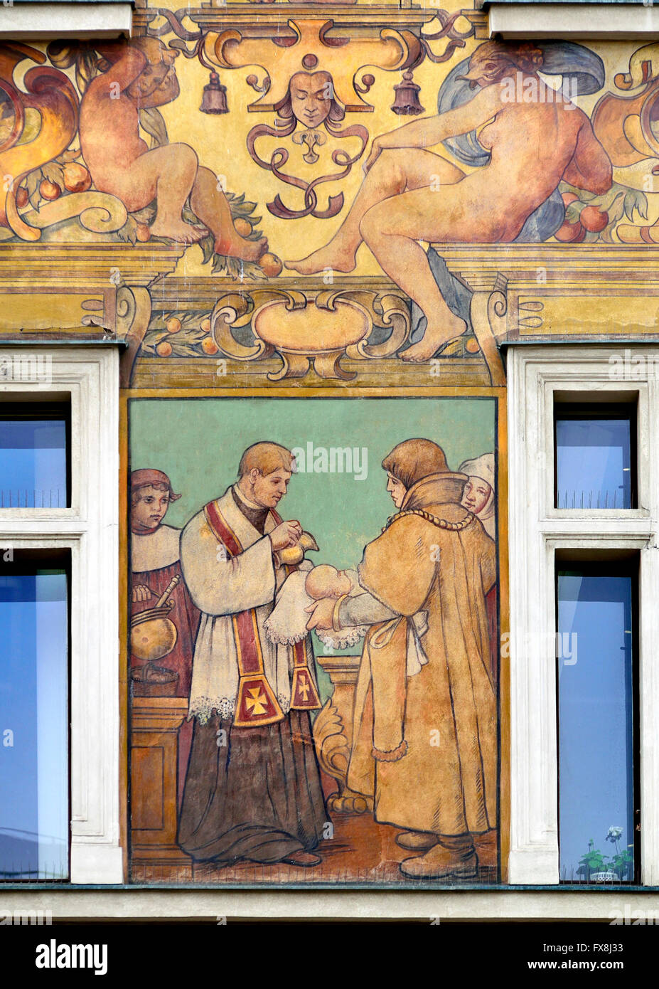Prague, Czech Republic. Wiehluv dum (Wiehl's House; 1896, Antonín Wiehl) on Vaclavske namesti (Wenceslas Square) painted facade Stock Photo