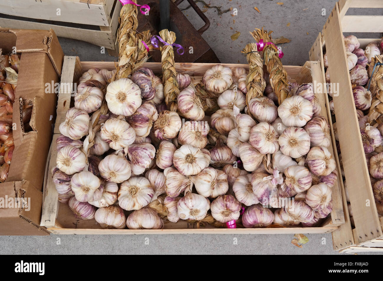 Garlic cloves in a crate at a French market Stock Photo Alamy