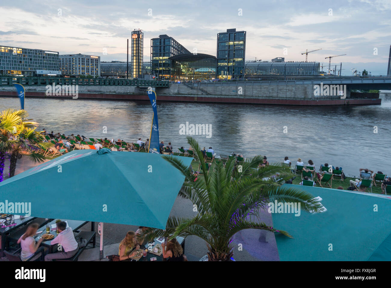 Berlin, Germany, river, Spree, capital  beach cafe, Lehrter Bahnhof, Main Station Stock Photo