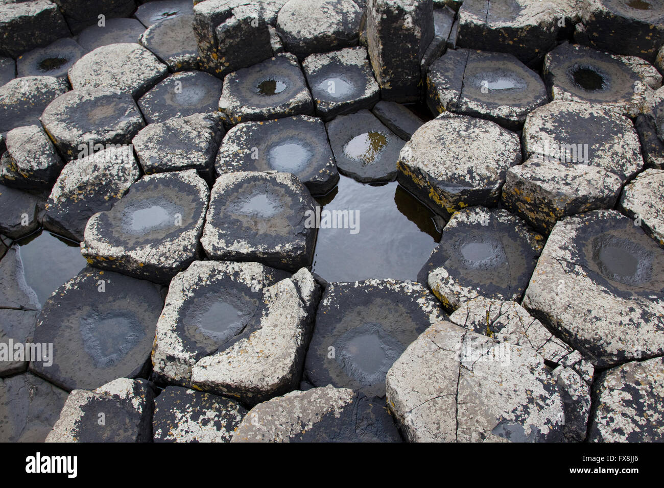 View of interlocking basalt columns on the Giant's Causeway formed as a result of volcanic activity in County Antrim Stock Photo