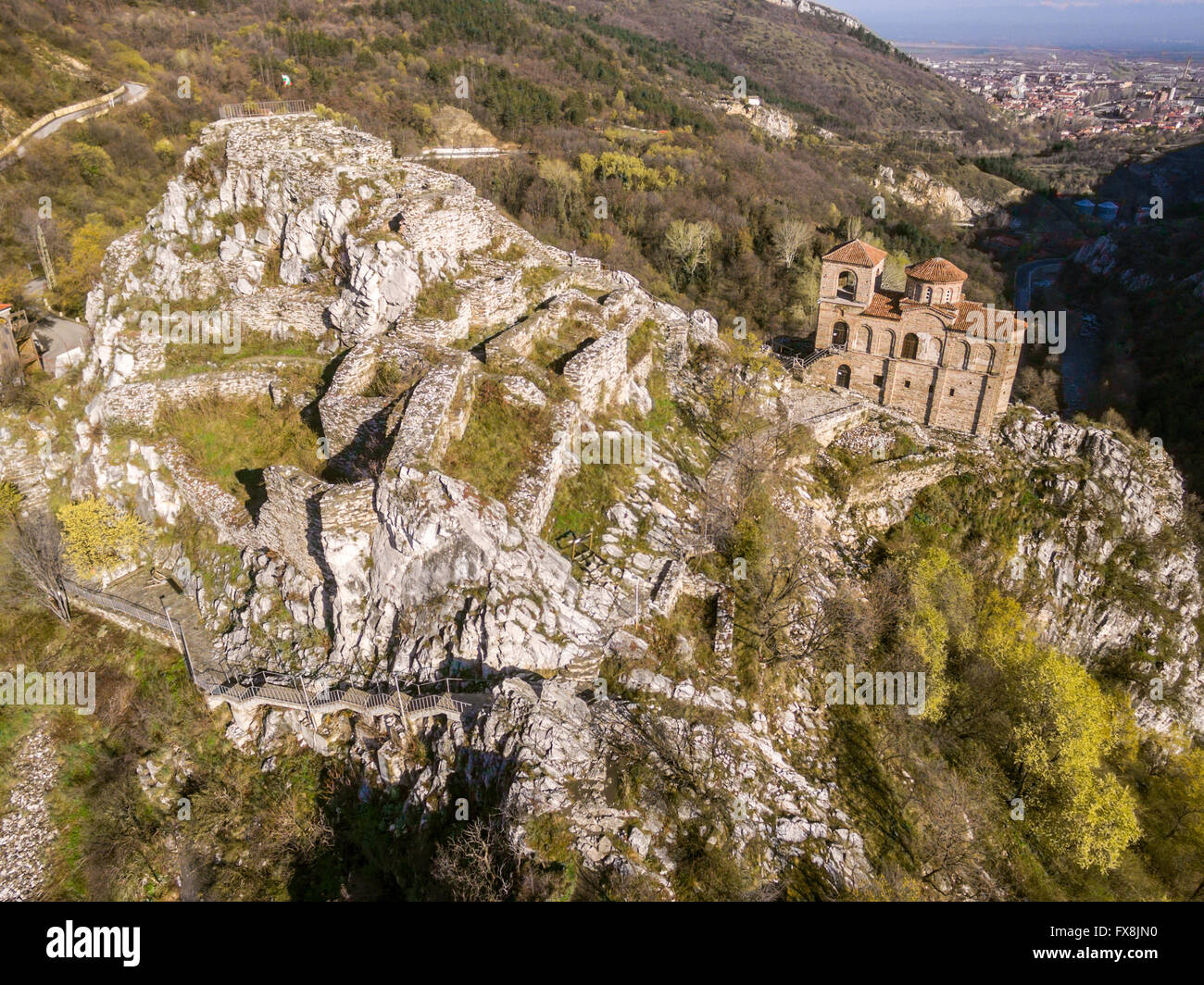Areal veiw of the Asen's fortress and the Virgin Mary church with Asenovgrad city in the background. Stock Photo