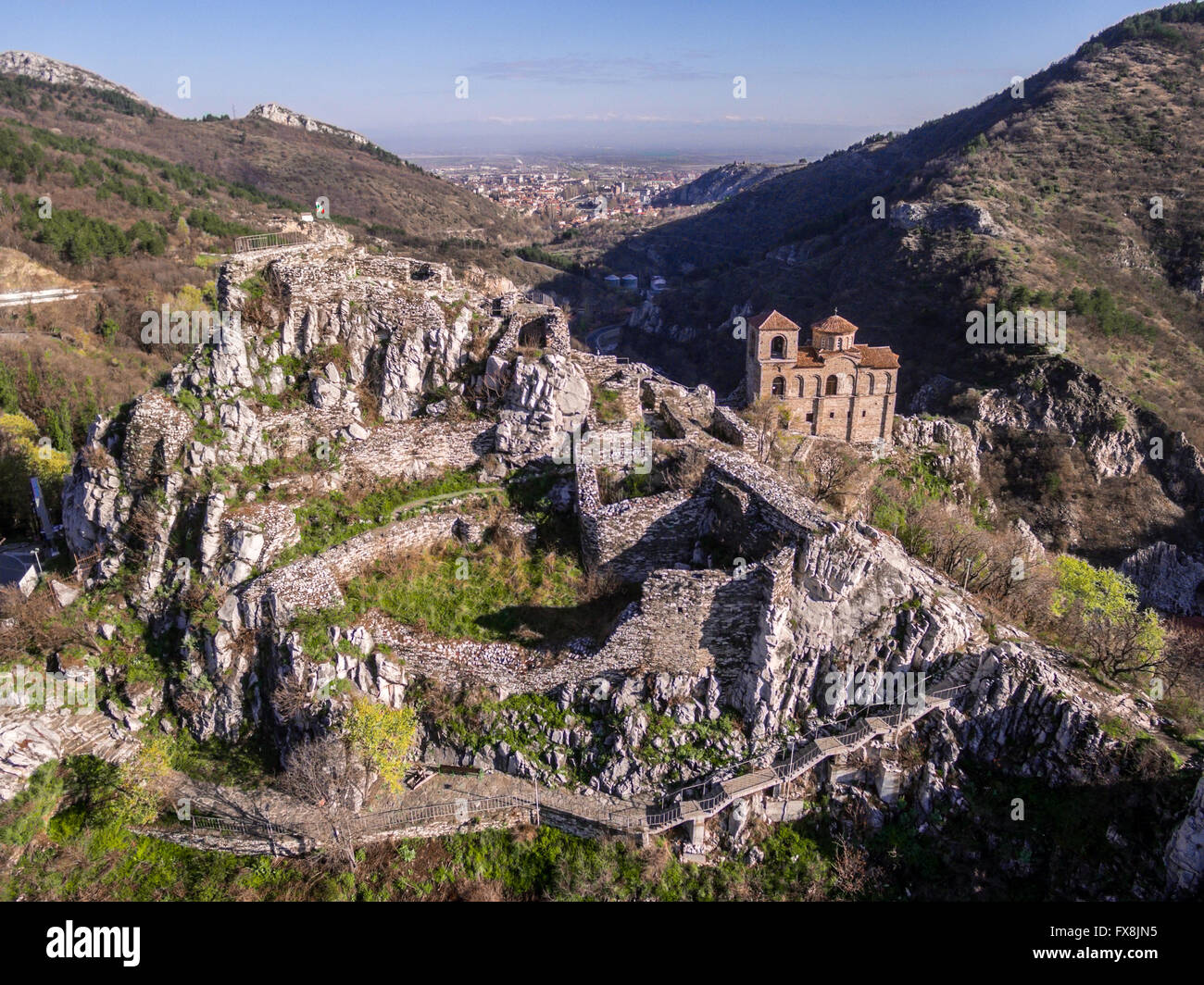 Areal veiw of the Asen's fortress and the Virgin Mary church with Asenovgrad city in the background. Stock Photo