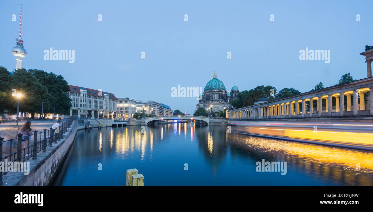 German Cathedral at night, Spree River, Berlin, Germany, Europe Stock Photo
