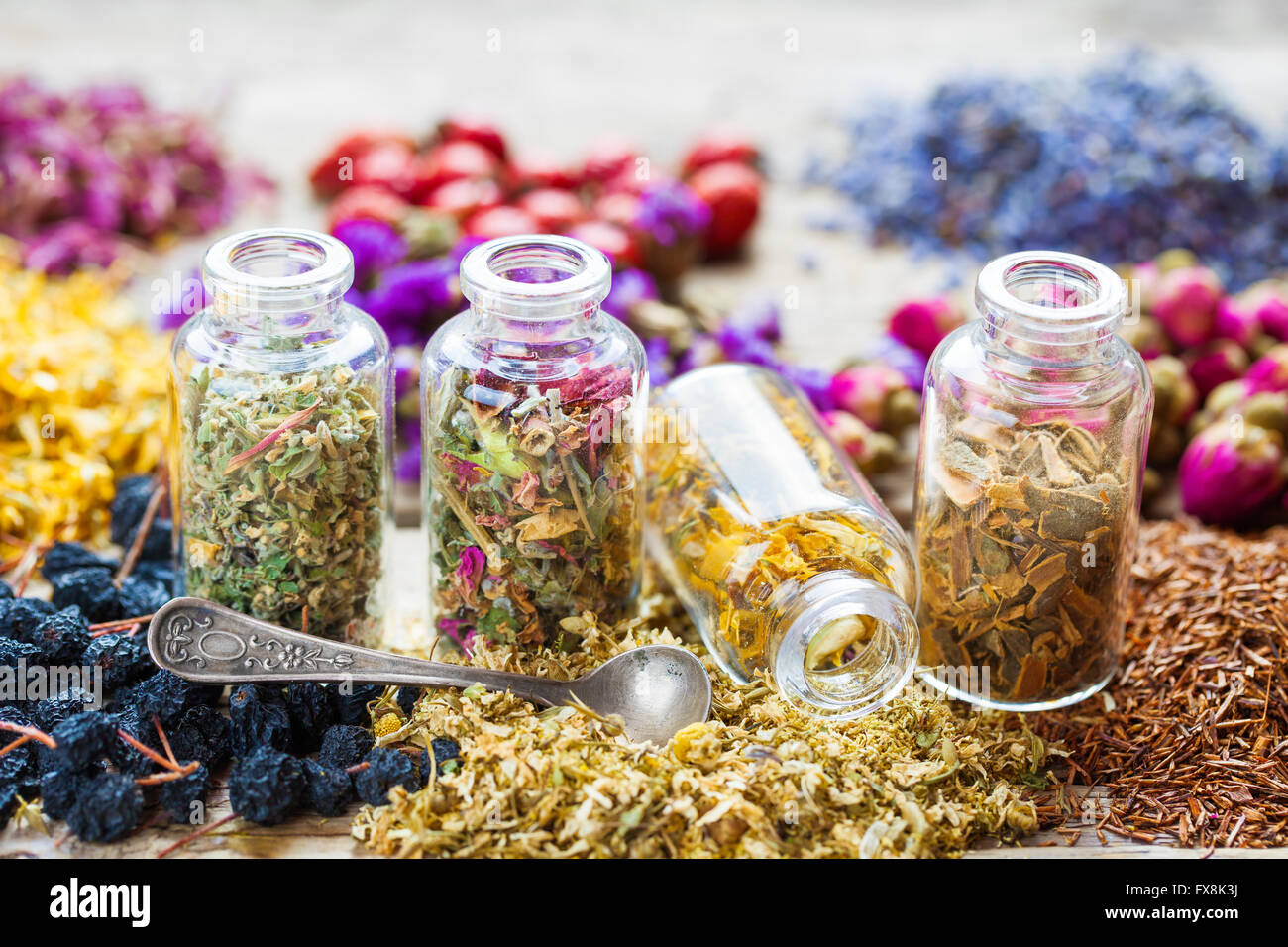 Bottles of healing herbs, herbal medicine. Stock Photo