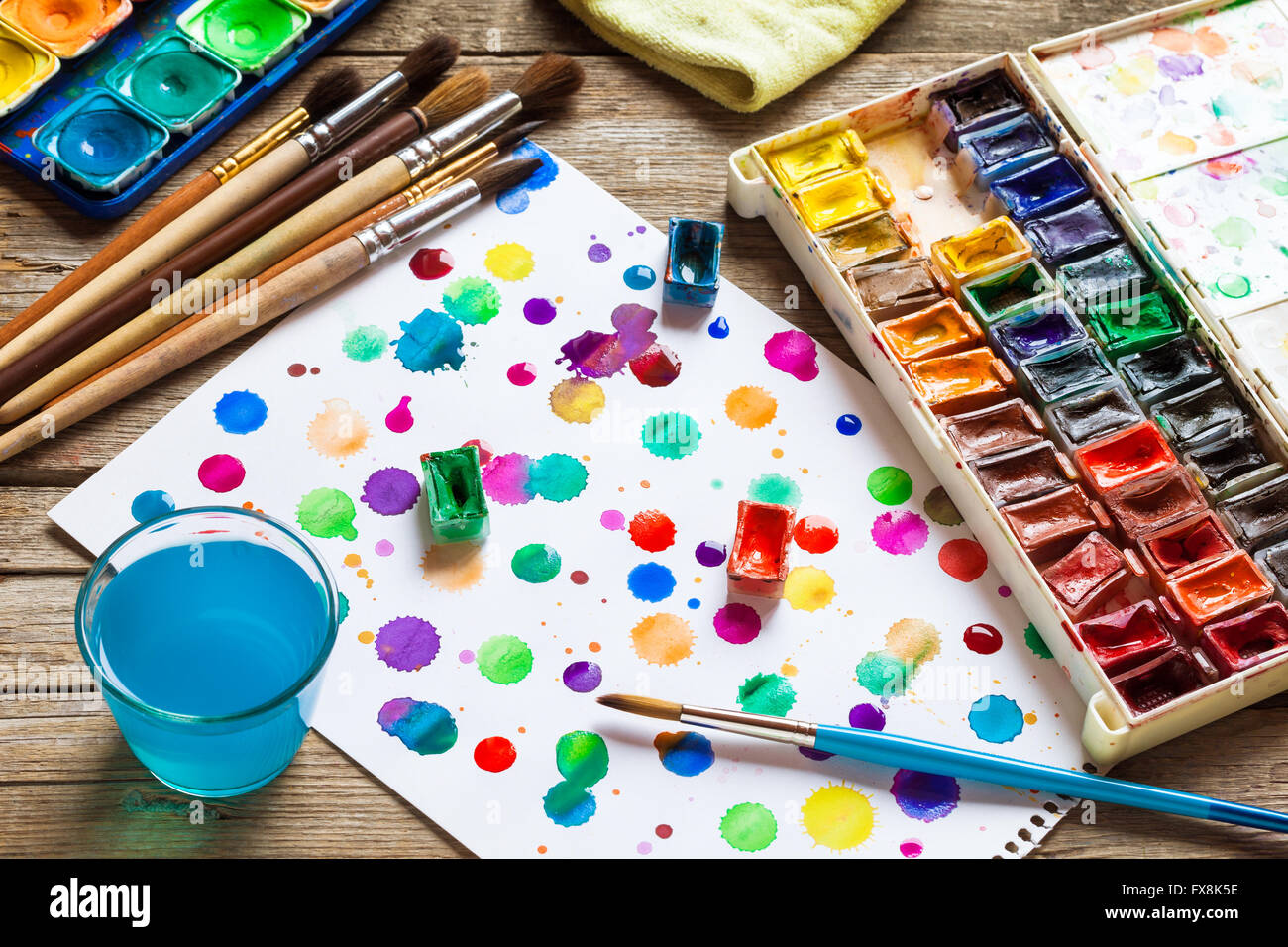 Painting Set: Brushes, Paints, Crayons, Chalk, Watercolor, Acrylic Paint On  A Wooden Background Stock Photo, Picture and Royalty Free Image. Image  48433805.