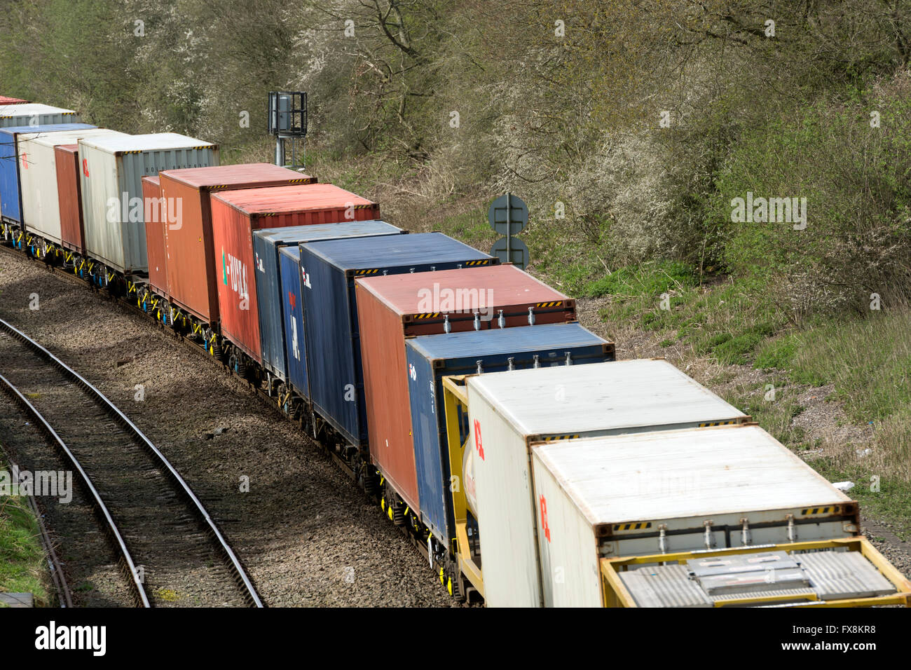 Shipping containers on a freightliner train, Warwickshire, UK Stock Photo Alamy