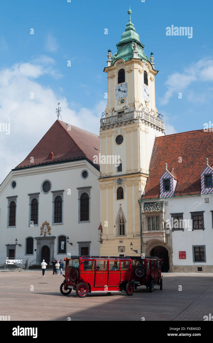 The Old Town Hall with a local sightseeing bus in Bratislava, Slovakia Stock Photo