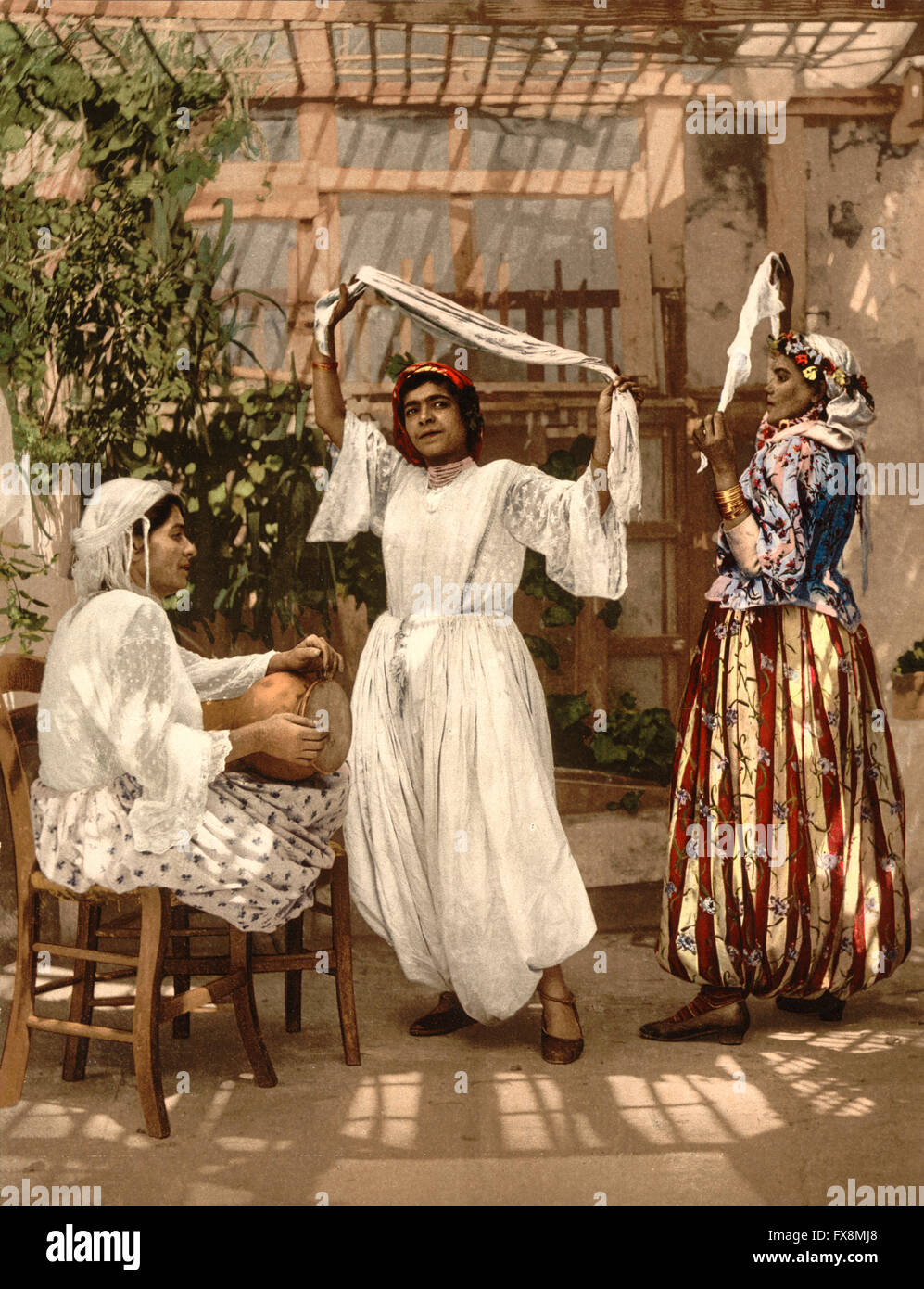 Dancing Arab Girls, Algiers, Algeria, Photochrome Print, circa 1899 Stock Photo